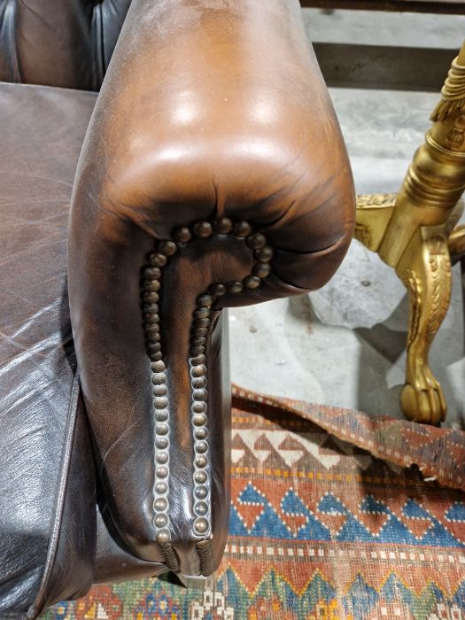 Pair of brown leatherette button upholstered Georgian-style armchairs with outscroll arms, - Image 4 of 37