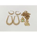 9ct gold hoop earrings, a 9ct gold bear pendant on chain (unmarked), pair of gold coloured hoop