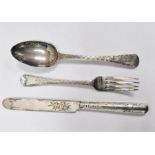 Victorian silver matched fork, knife and spoon, floral and bamboo engraved decoration, London