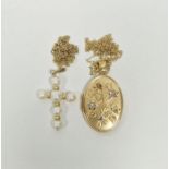 9ct gold mounted oval locket on chain, 3.5g, a 9ct gold chain, 0.5g and a gold coloured and pear