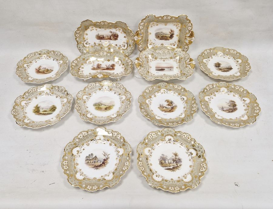 19th century Davenport china dessert service, each piece painted with landscape, some depicting