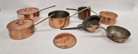 Seven various vintage copper saucepans, one marked 'Made in France', another marked 'Elkington'