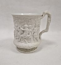 19th century large footed relief moulded white stoneware mug by Charles Meigh, printed Arts and