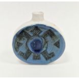 Troika miniature pottery vase with geometric decoration on single blue glazed panel, stamped mark to