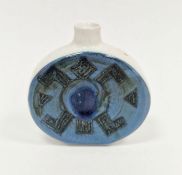 Troika miniature pottery vase with geometric decoration on single blue glazed panel, stamped mark to