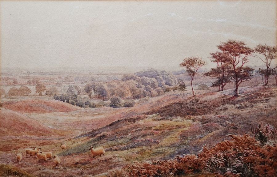 Henry Birtles (1838-1907)  Watercolour  "Upland Grazing", sheep grazing within rolling landscape, - Image 4 of 6