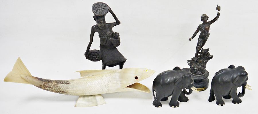 Assorted collectables to include a pair of ebony and bone inlaid carved figures of elephants, a