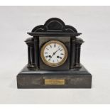Early 20th century slate mantel clock, the circular enamel dial with Roman numerals denoting