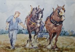 Robert Boar  Watercolour drawing Ploughing team of two horses with farmer, signed lower right,