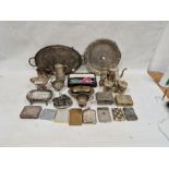 Quantity of plated ware to include boxes, cigarette cases, cigar boxes, trays, etc and a box of