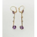 Pair of gold, amethyst and diamond drop earrings, 3g approx.
