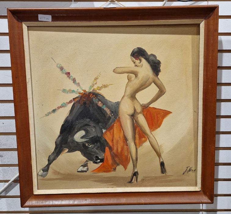 J Vela  Oil on canvas  Nude female as a bullfighter, signed lower right, 49cm square - Image 2 of 3