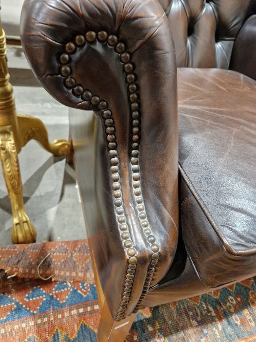 Pair of brown leatherette button upholstered Georgian-style armchairs with outscroll arms, - Image 18 of 37