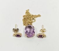 9ct gold and amethyst pendant on chain and a pair of gold and amethyst earrings (2)