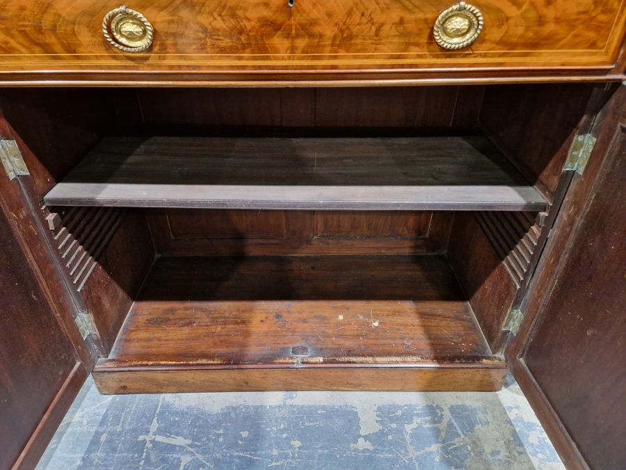 George III inlaid mahogany library bookcase having dentil and cavetto cornice, the top with two - Image 23 of 39