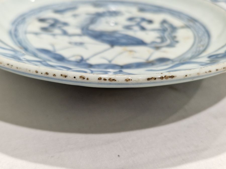 Two Chinese porcelain blue and white small plates, 19th century, each painted with a stylised bird - Image 19 of 32