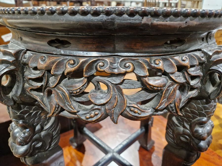 Chinese carved circular occasional table with marble inset top, united by cross stretchers, 56.5cm - Image 15 of 25