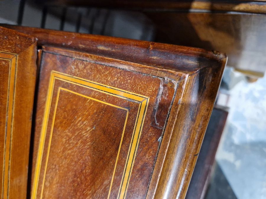 George III inlaid mahogany library bookcase having dentil and cavetto cornice, the top with two - Image 39 of 39