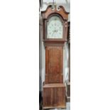 19th century eight-day longcase clock in oak, the painted arch dial decorated with bird and pink