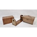 Walnut tea caddy with single domed interior box and glass mixing bowl, a sarcophagus-shaped mahogany