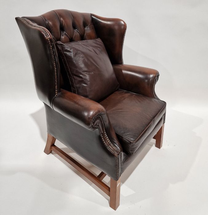 Pair of brown leatherette button upholstered Georgian-style armchairs with outscroll arms, - Image 2 of 37