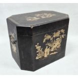 Oriental black lacquered regency-style chinoiserie box with canted corners decorated in gold with