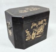 Oriental black lacquered regency-style chinoiserie box with canted corners decorated in gold with