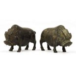 Pair of chinese, or possibly Indonesian, bronze standing boars, each with patterned headdress,