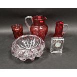 Quantity of cranberry glass including a Victorian baluster jug with clear reeded handle, 18cm