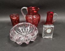 Quantity of cranberry glass including a Victorian baluster jug with clear reeded handle, 18cm
