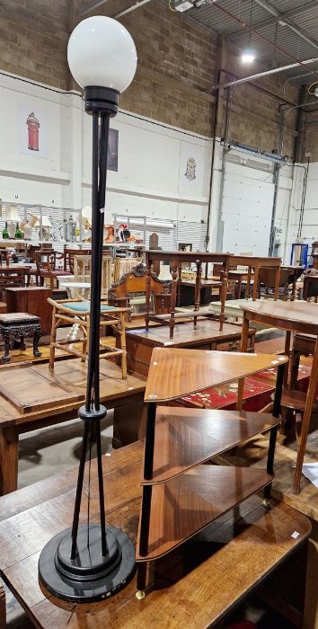 Stained wood cabinet, table-top, with shelves, central cupboard with mirrored door, small drawers