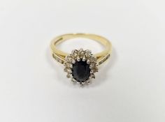LOT WITHDRAWN Gold (mark worn), sapphire and diamond oval cluster ring, 4.2g