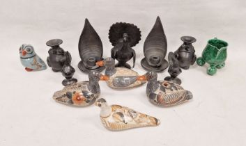 Collection of 20th century Mexican pottery including painted pottery models of ducks and pigeon
