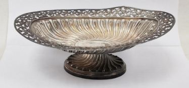 Victorian silver oval pedestal dish, semi gadrooned and pierced border, initialled, Birmingham 1896,