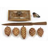 Selection of wooden wares and collectables, to include a mother of pearl and brass inlaid ink