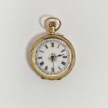 Lady's 18ct gold cased fob watch, the circular enamel dial with Roman numerals denoting hours,