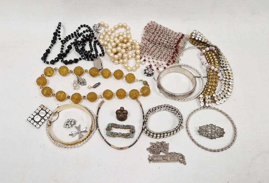 Assorted costume jewellery to include silver and marcasite brooch, beaded necklaces, gold-plated