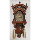 20th century weight and chain driven arch-topped wall clock with brass face, 50cm