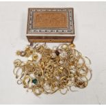 Quantity of assorted gold-coloured jewellery, mainly earrings, in wooden box