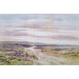 A Birbeck  Moorland landscape with heather in foreground, signed lower left, 34cm x 52cm