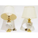 Pair of ceramic table lamps, painted as marble, with gilt stepped foot and top, with shades (2)