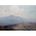 F J Widgery  Gouache drawing Moorland landscape with mountains in distance, signed lower left,