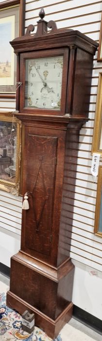 19th century 30-hour longcase clock in oak, the square painted dial decorated with floral quarters