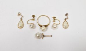 9ct gold and pearl set ring, a pair of matching twist clip-on earrings, another pair of earrings and