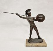 20th century bronze-effect figure depicting a classical figure holding a javelin and shield, mounted