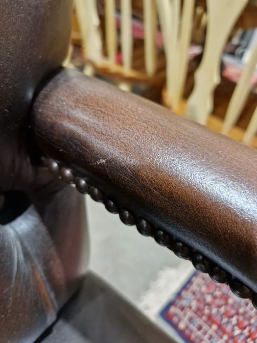 Pair of brown leatherette button upholstered Georgian-style armchairs with outscroll arms, - Image 34 of 37