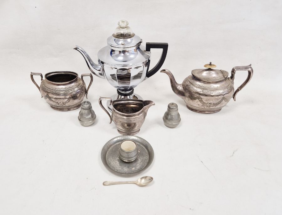 Pewter cruet set, silver-plated teapot, milk jug and other items (1 box)