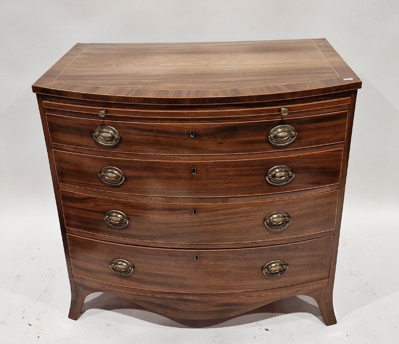 George III inlaid mahogany bowfronted bachelors chest, the top cross-banded, brushing slide above - Image 2 of 31