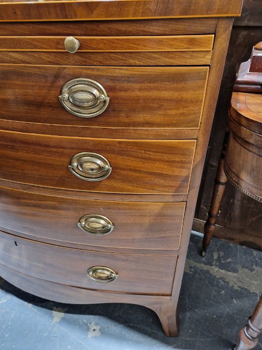 George III inlaid mahogany bowfronted bachelors chest, the top cross-banded, brushing slide above - Image 9 of 31