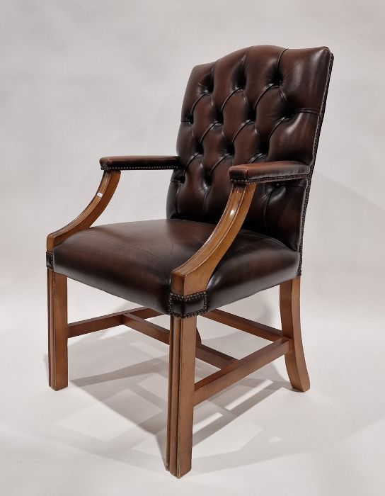 Pair of brown leatherette button upholstered Georgian-style armchairs with outscroll arms, - Image 3 of 37